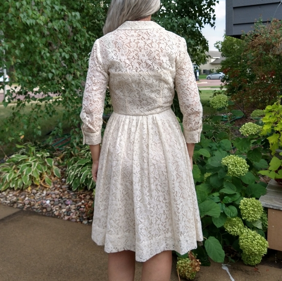 1950's CREAM LACE DRESS 50's shirtwaist S - Picture 11 of 12